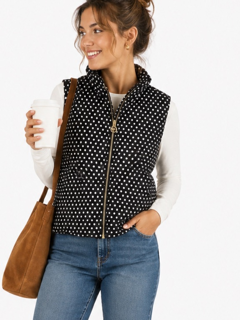 Michael Kors Puffer Vest Womens Size Small Polka Dot Casual Fall Layers Minimal